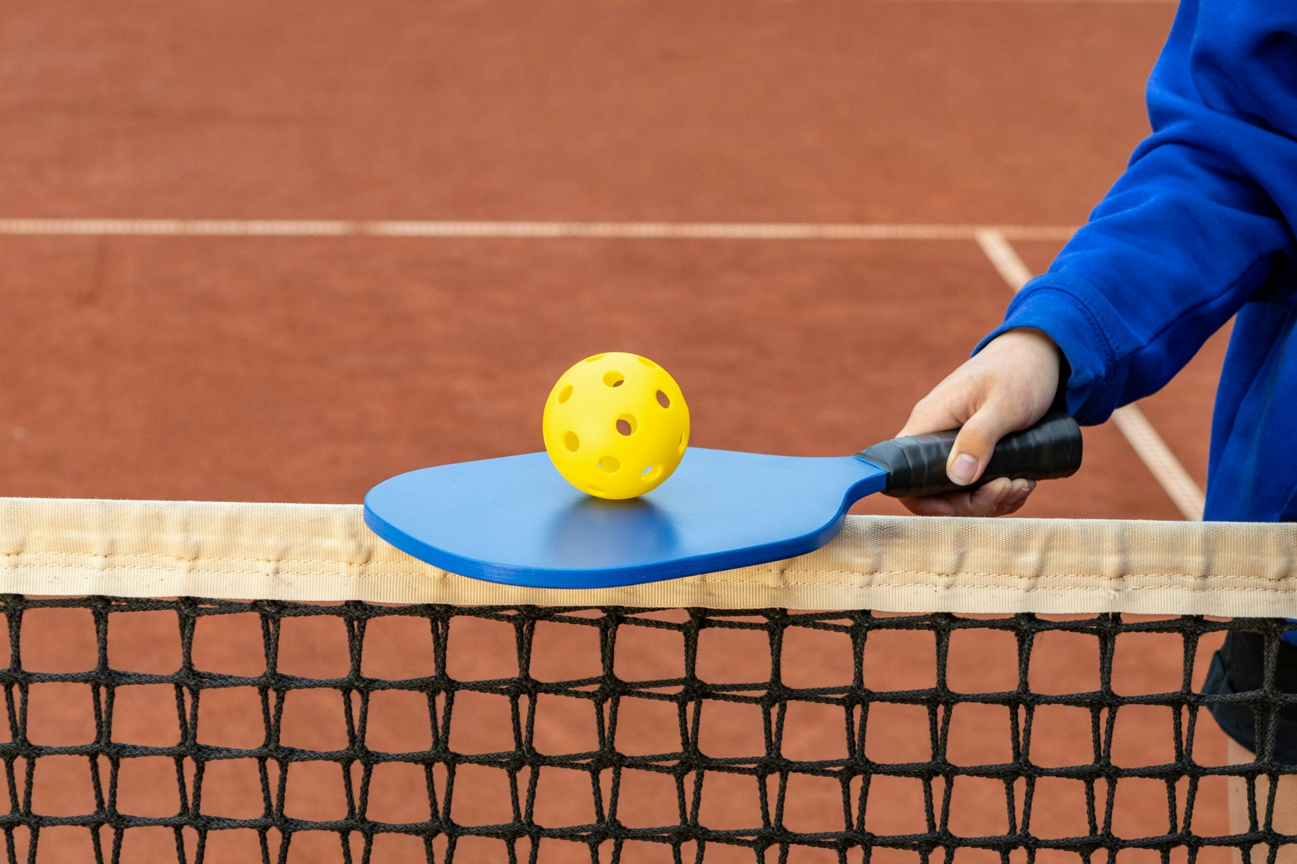 Paddle and ball for pickleball balancing on net